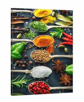 Various herbs and spices on dark background