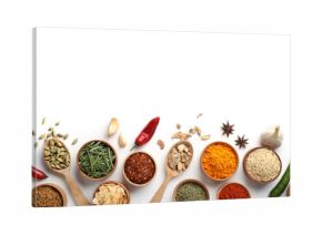 Beautiful composition with different aromatic spices on white background