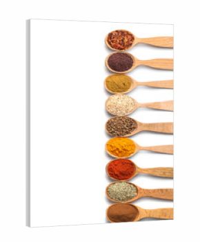 Composition with different aromatic spices in wooden spoons on white background