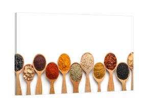 Composition with different aromatic spices in wooden spoons on white background