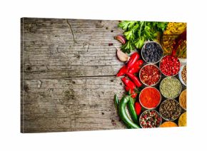 Set of Indian spices on wooden table - Top view