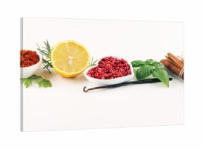 Spices and herbs on table. Food and cuisine ingredients.