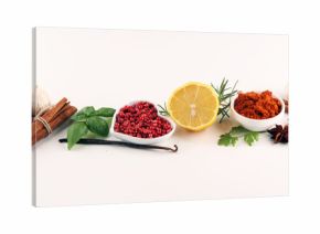 Spices and herbs on table. Food and cuisine ingredients.