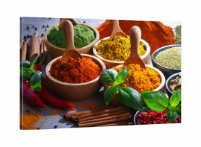 Variety of spices on kitchen table