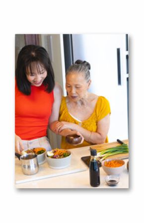 Asian grandmother and granddaughter preparing vegetable bowls in home kitchen, with soy sauce