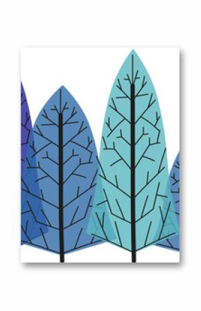 Abstract leaf silhouettes are floating on transparent background, showing flat design in blue hues