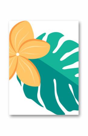 Yellow flower and teal-green monstera leaf are floating in flat design on transparent background