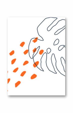 Flat design Monstera leaf is floating on transparent backdrop with orange dotted shapes, copy space