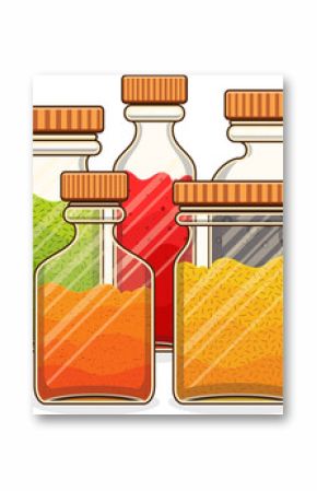 Flat design is showing six glass spice jars with ribbed lids, colorful spices, transparent backdrop