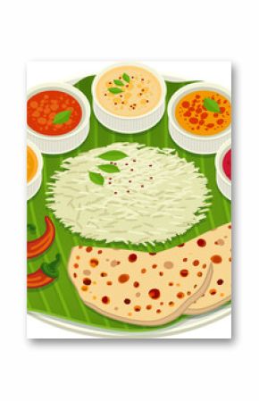 Displaying flat South Indian meal on banana leaf with rice, curries, chapatis on clear background