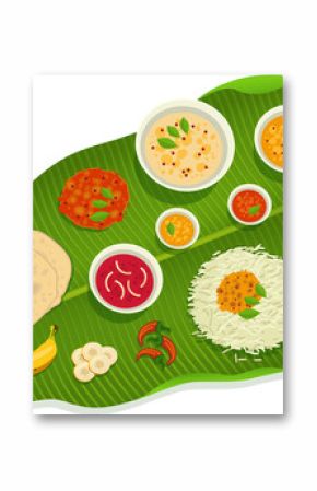 Flat design is showing banana leaf with rice, curries, papads, banana and chilies on transparent bg