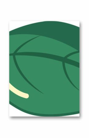 Stylized green leaf is showing central vein and highlight in flat vector, transparent background