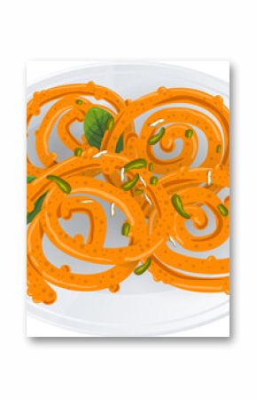 Vector showing orange jalebis on white plate on transparent with mint-pistachio garnish, copy space