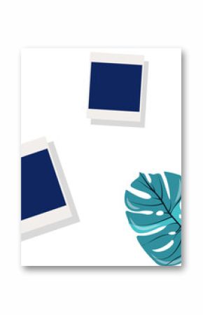 Flat film frames are floating on transparent backdrop with white circles, teal monstera leaf