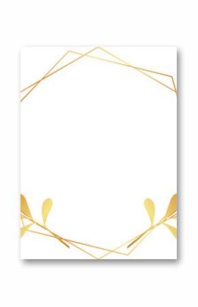 Decorative gold geometric wreath frame is floating on transparent background, with leaf clusters