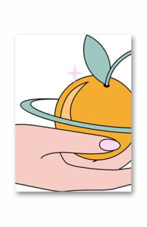 Flat illustration is showing hand holding orbited orange fruit, mint leaves, transparent background