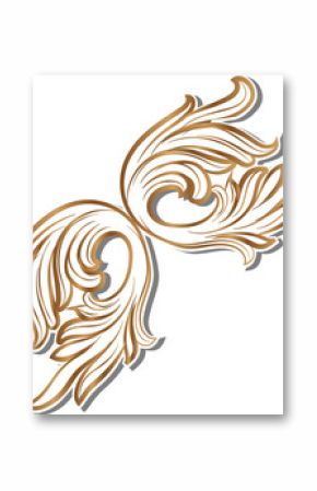 Baroque flourish is showing twin leaf motifs gold outline white fill on transparent background