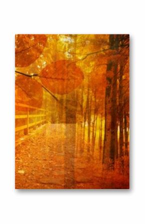 Wooden walkway with railing is being shown in flat vector design within autumn forest leaf overlay