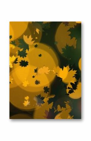 Digital design showing golden-yellow bokeh circles and maple leaf silhouettes over blurred green