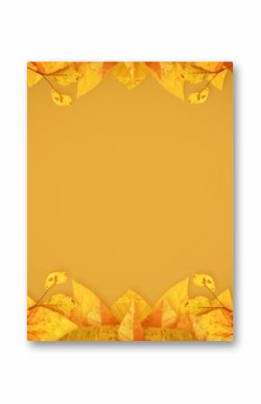 Decorative autumn leaf border is framing golden-yellow background in flat design, copy space