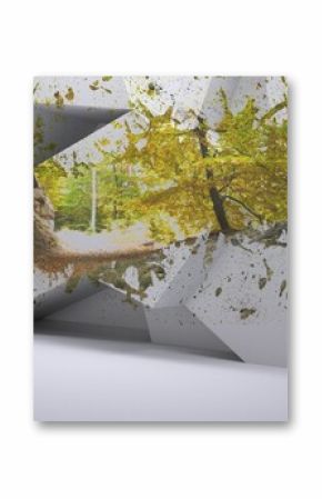 CG render showing angular white geometric sculpture displaying autumn forest cutout, leaf splatter