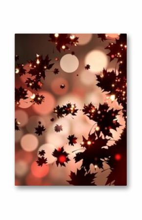 Abstract digital maple leaf silhouettes are drifting across dark background with bokeh sparkles
