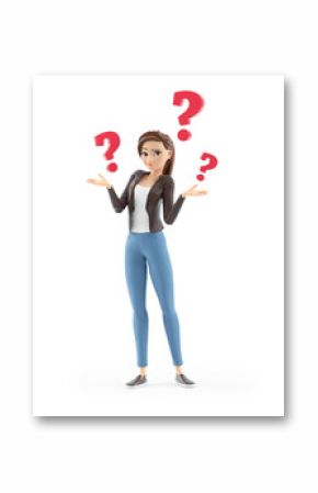 3d cartoon woman with several questions