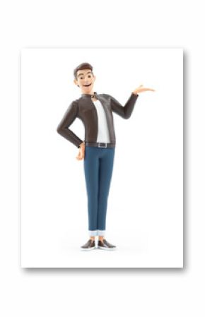 3d cartoon man showing something with his hand