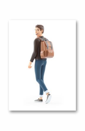 3d cartoon man walking with backpack