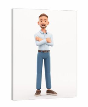 Standing smiling man with arms crossed. Cartoon happy businessman isolated on white background, 3d rendering