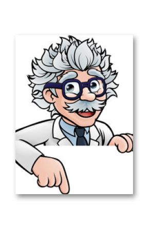 Scientist Cartoon Character Pointing Down