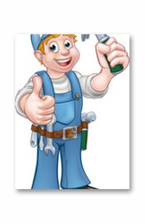 A carpenter handyman cartoon character holding a hammer and giving thumbs up