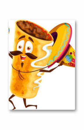 Mexican cartoon happy funny burrito in sombrero