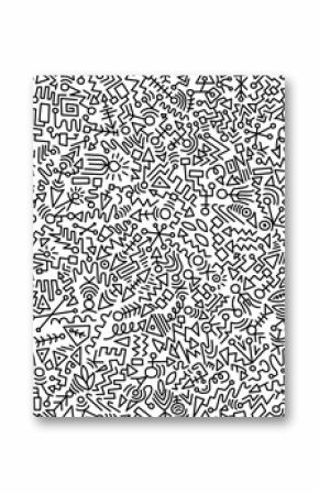 Black and white cartoon pattern on white background, doodle and abstract design, seamless background.