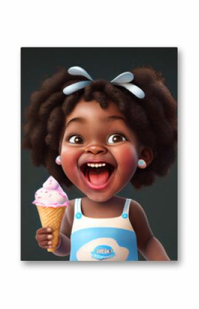 surprised happy cute little girl amazed buying icecream cone, digital painting in 3D cartoon movies style 