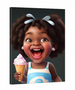 surprised happy cute little girl amazed buying icecream cone, digital painting in 3D cartoon movies style 