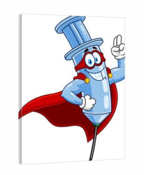Super Hero Syringe Vaccine Cartoon Character. Hand Drawn Illustration Isolated On Transparent Background