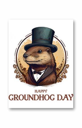 Happy Groundhog day poster. Cute groundhog in Cylinder Hat with floral background. Modern style realistic illustration. Colored cartoon and style. Generating Ai.