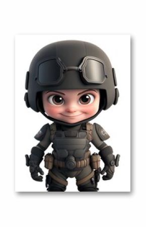Cute cartoon tiny boy as a SWAT officer, isolated on white background. Generative art