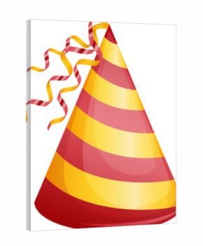 flat cartoon design illustration of colored hat for birthday party. vector - illustration. red and yellow birthday hats with shiny ribbons isolated on white background. Vector cones