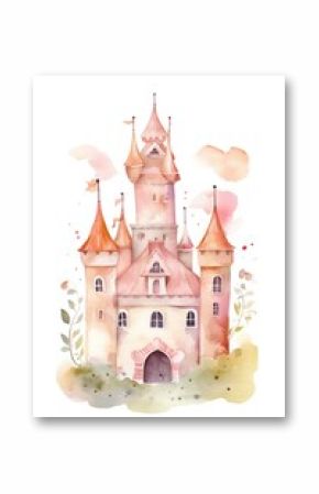 magical watercolor castle illustration, isolated on white background, generative AI