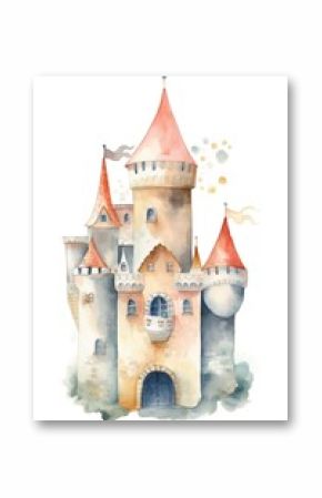 magical watercolor castle illustration, isolated on white background, generative AI
