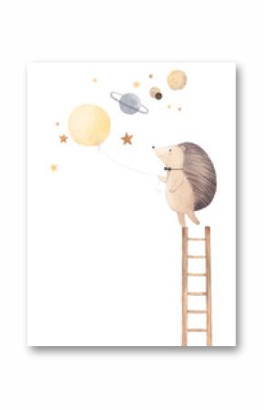 Watercolor illustration. Hedgehog plays with a balloon. Hedgehog sees a fantastic dream about space. Children's poster. Decor for a children's room.