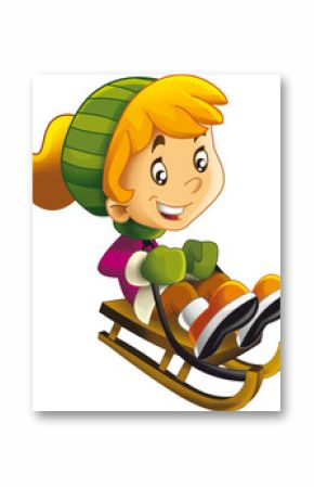 cartoon scene with happy girl kid teenager sliding on sleigh winter sport isolated illustration for children