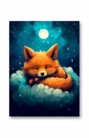 A fluffy little cartoon fox cub is sleeping on a cloud. Generative AI
