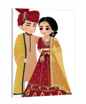 Bride and groom cute couple in traditional indian dress cartoon character