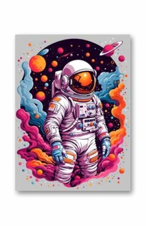 very details astronaut ,lost in galaxy background, Tshirt design, streetwear design, pro vector, japanese style, full design, 6 colors only, solid colors, no shadows, full design, warm colors, sticker