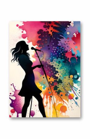girl singer silhouette rorschach having joy playing music, vibrant watercolor paint splash colorful graffitti artstyle 