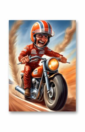 A cartoon caricature 3d digital illustration of man riding and racing a motorcycle