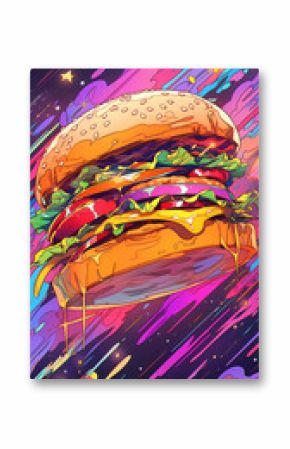 Hand drawn cartoon anime delicious burger illustration on colorful background 